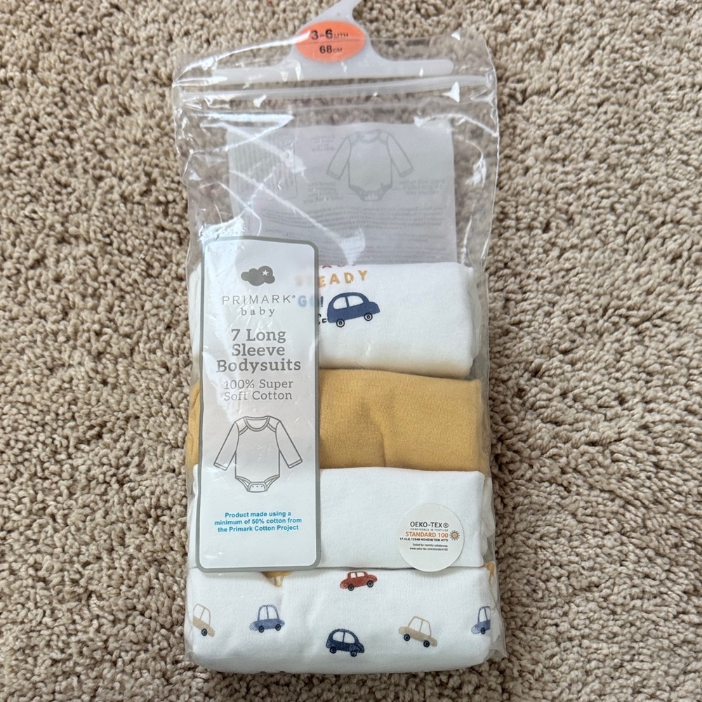 Primark Baby Bodysuits Set - White, Yellow, Multicolor Cars